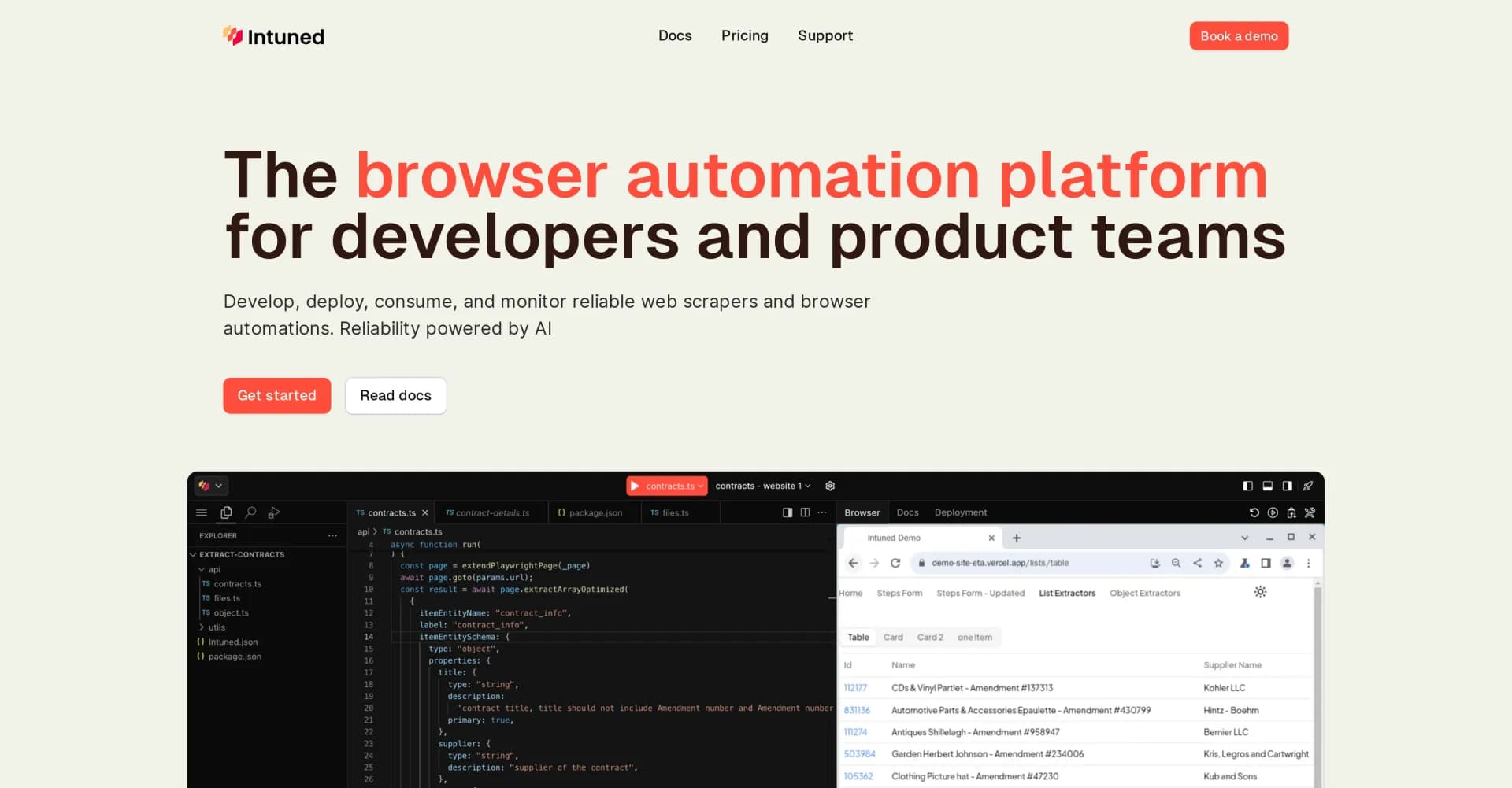 IntunedHQ homepage screenshot — AI-powered browser automation for reliable web scraping.
