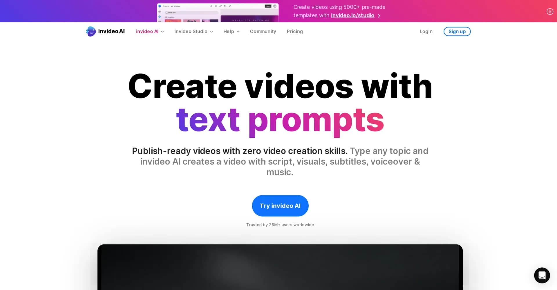InVideo homepage screenshot — AI-powered video creation from text prompts.
