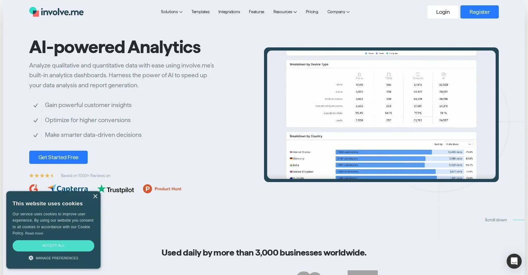 Involve.me homepage screenshot — Customer optimization via data analysis.