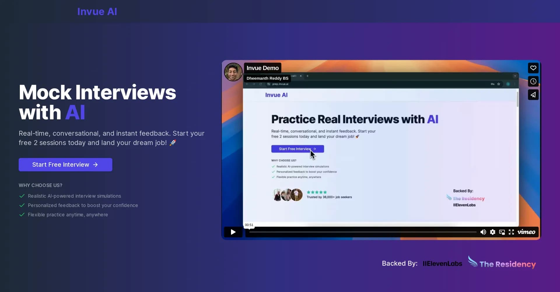 Invue AI homepage screenshot — AI-powered mock interviews with instant feedback.