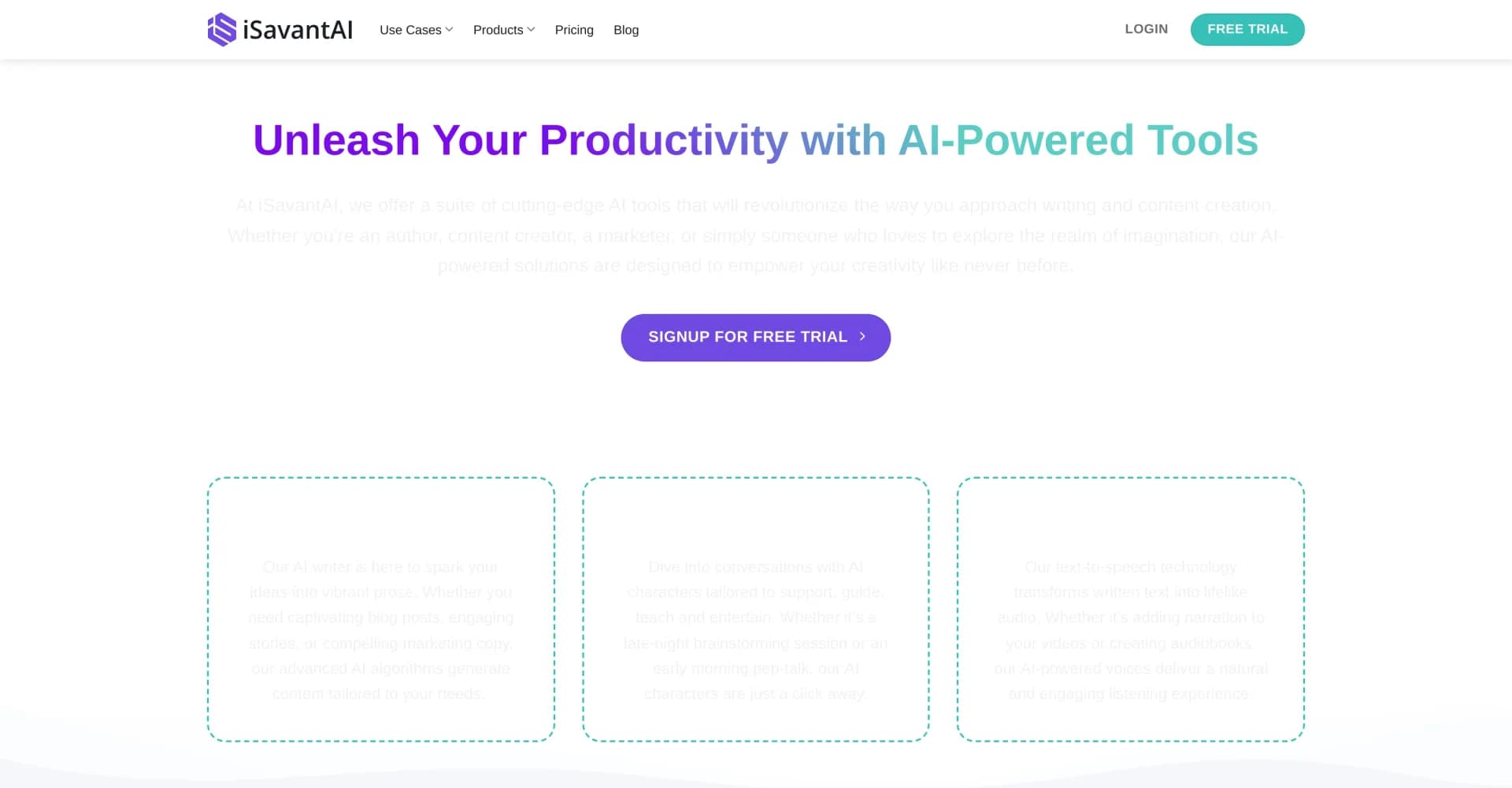 iSavant homepage screenshot — Unleash productivity with AI-powered content tools.