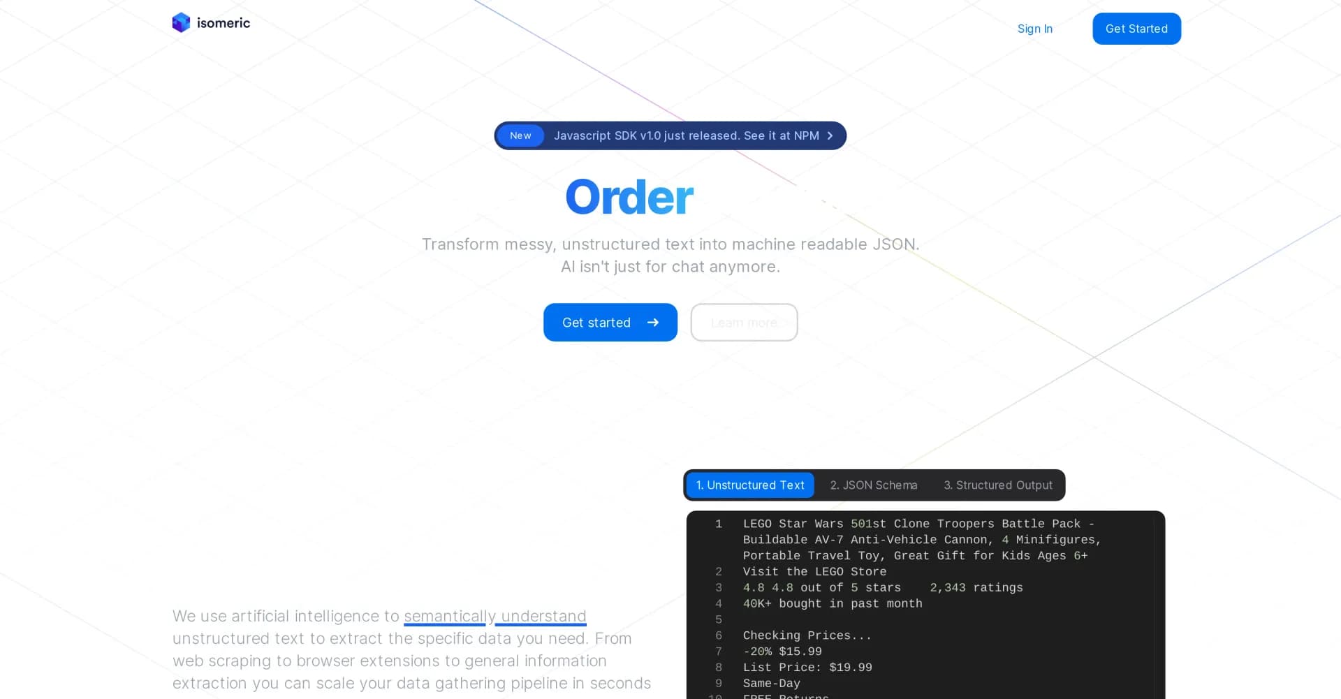 Isomeric homepage screenshot — Transform unstructured text into structured data.