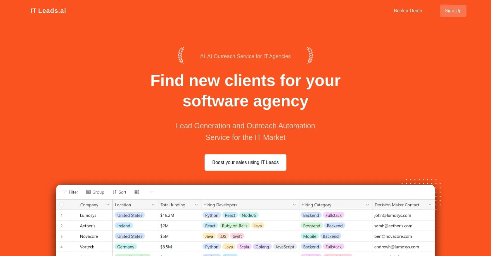 IT Leads homepage screenshot — AI-powered lead generation for IT agencies