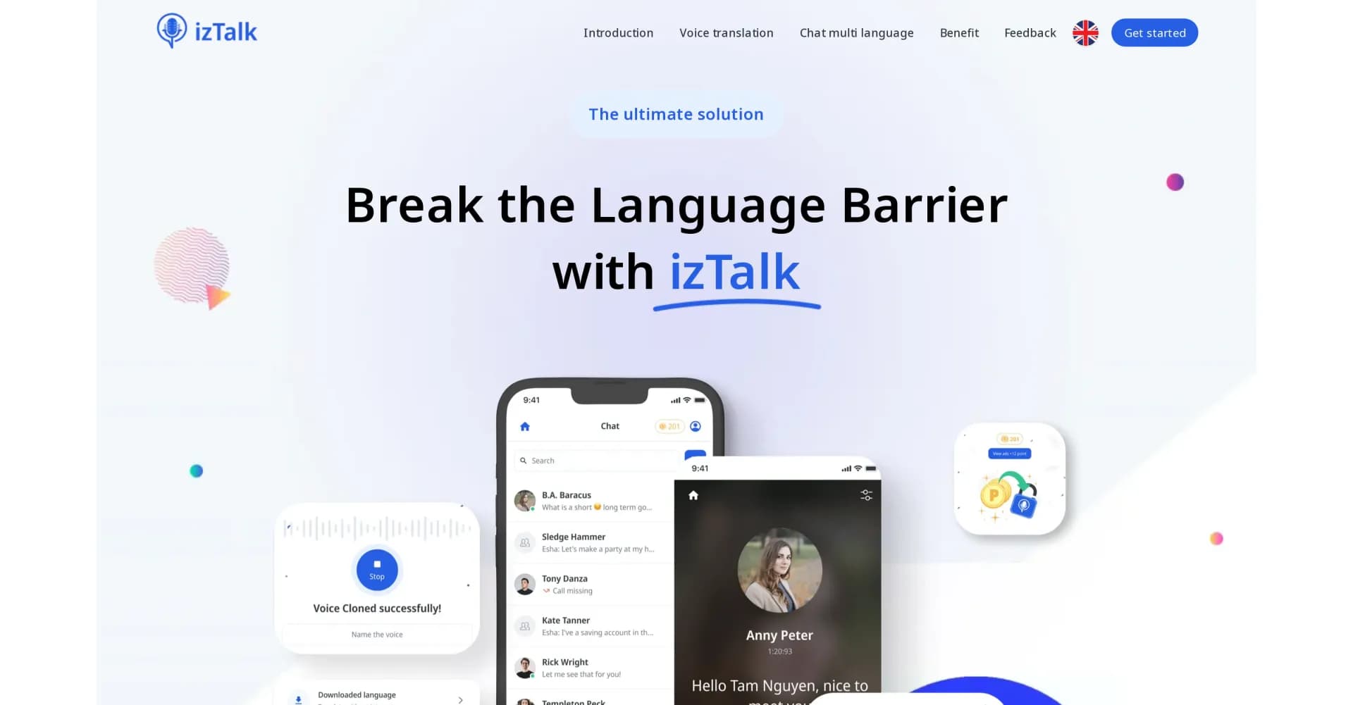 IzTalk homepage screenshot — Break the language barrier with real-time voice translation