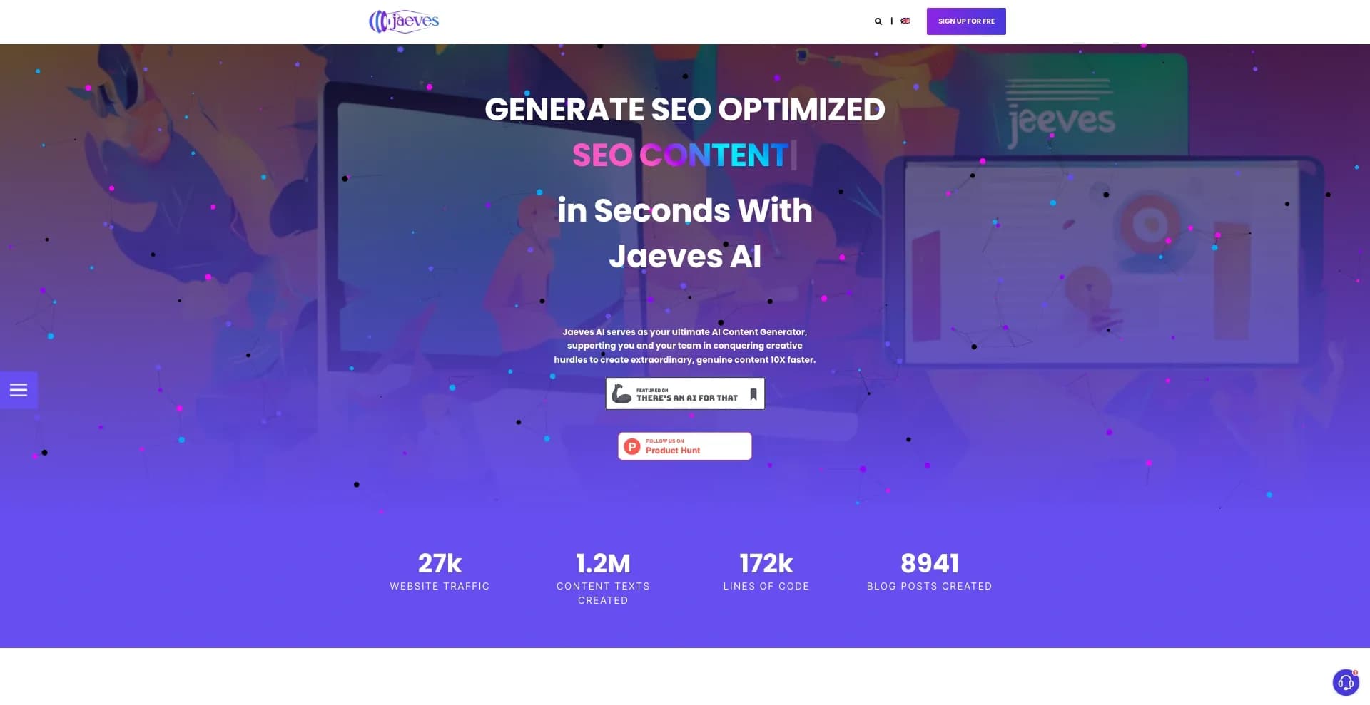 Jaeves homepage screenshot — Assisted content and copywriting for marketing.
