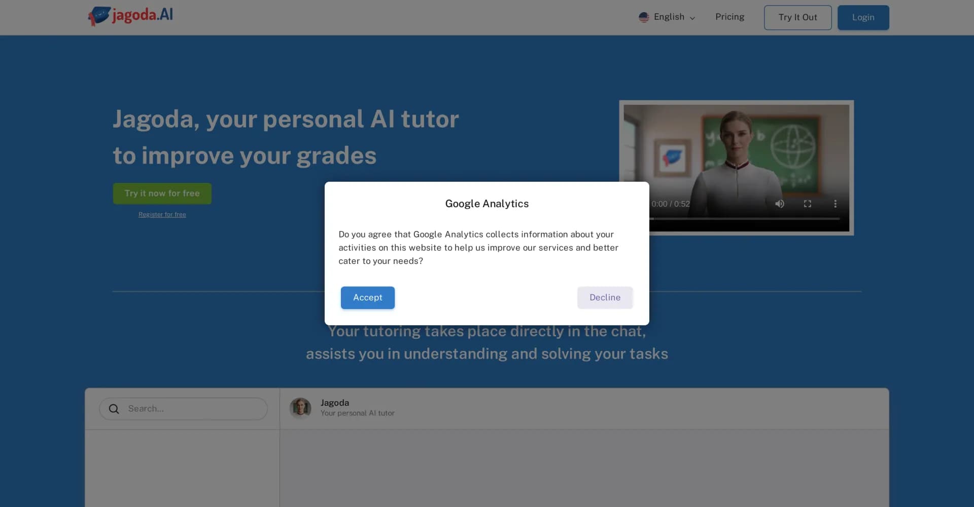 JagodaAI homepage screenshot — AI tutor boosts grades in 30+ subjects