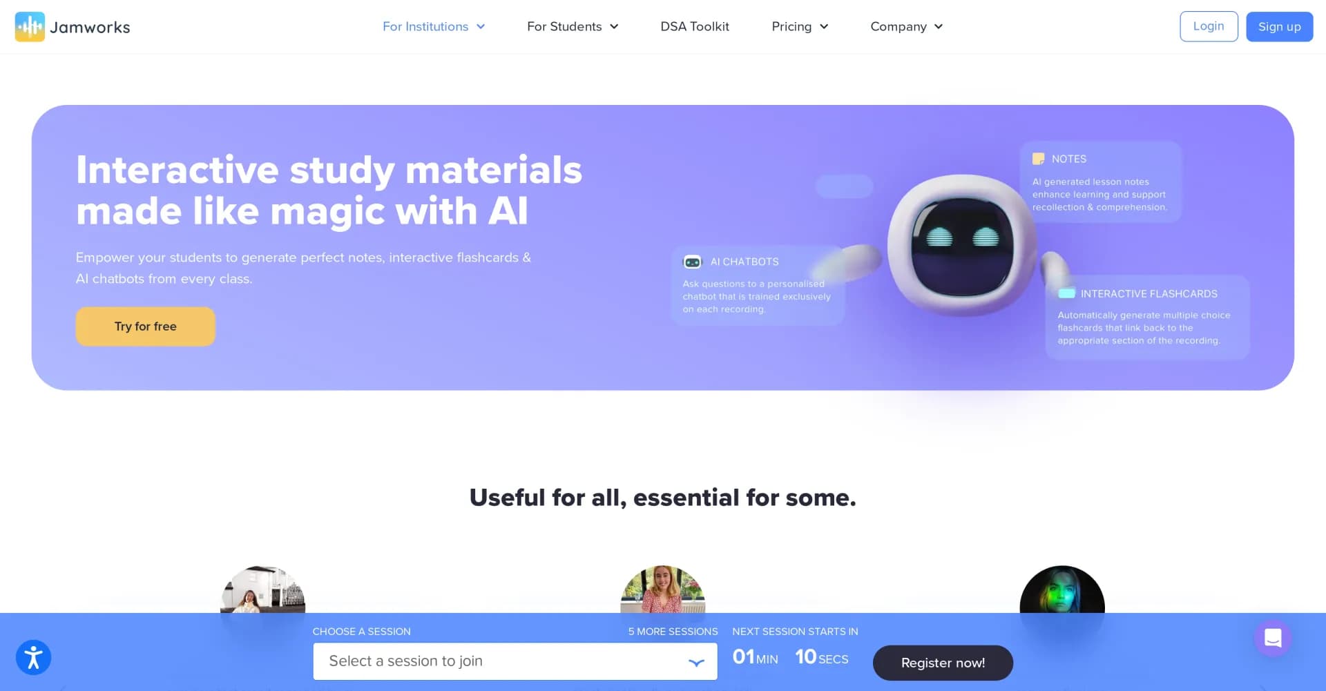 Jamworks homepage screenshot — AI-powered magic for perfect study materials