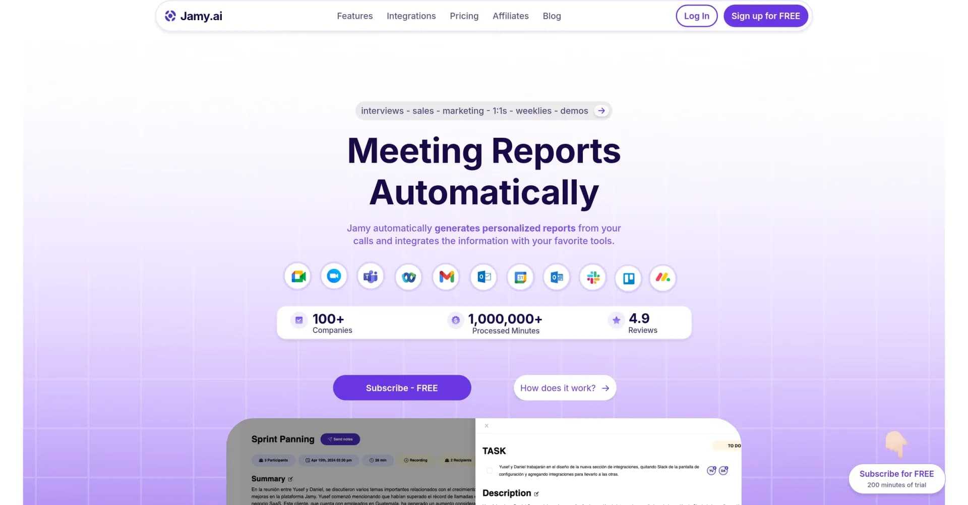 Jamy homepage screenshot — Automate meeting notes for seamless productivity.