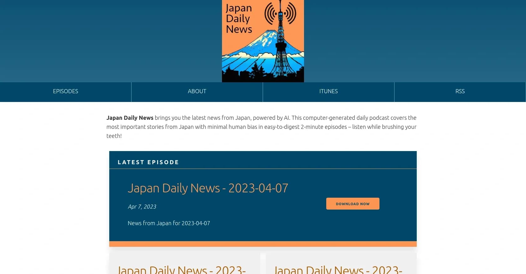 Japandailynews homepage screenshot — AI-powered 2-minute Japan news podcast