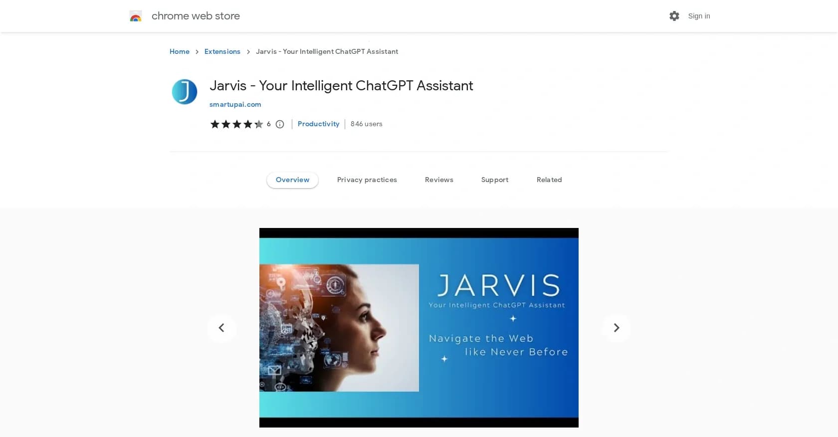 Jarvis AI Assistant homepage screenshot — Improves online browsing with smart chatbot