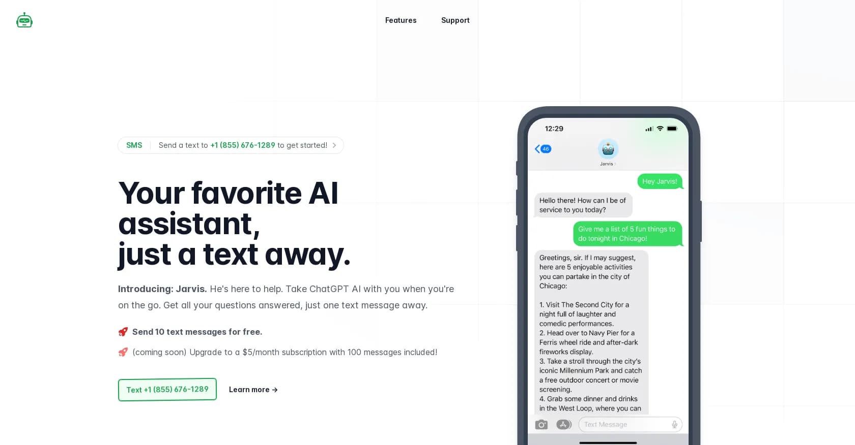 Jarvis Tel homepage screenshot — Your favorite AI assistant, just a text away.