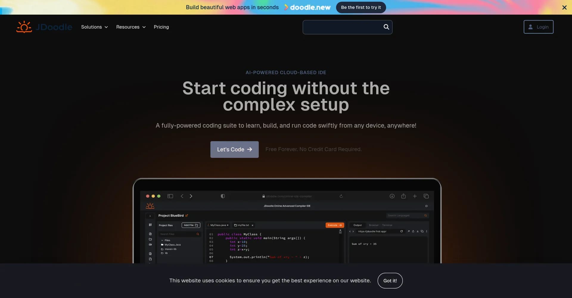 JDoodle homepage screenshot — Code, compile, and run programs instantly online.