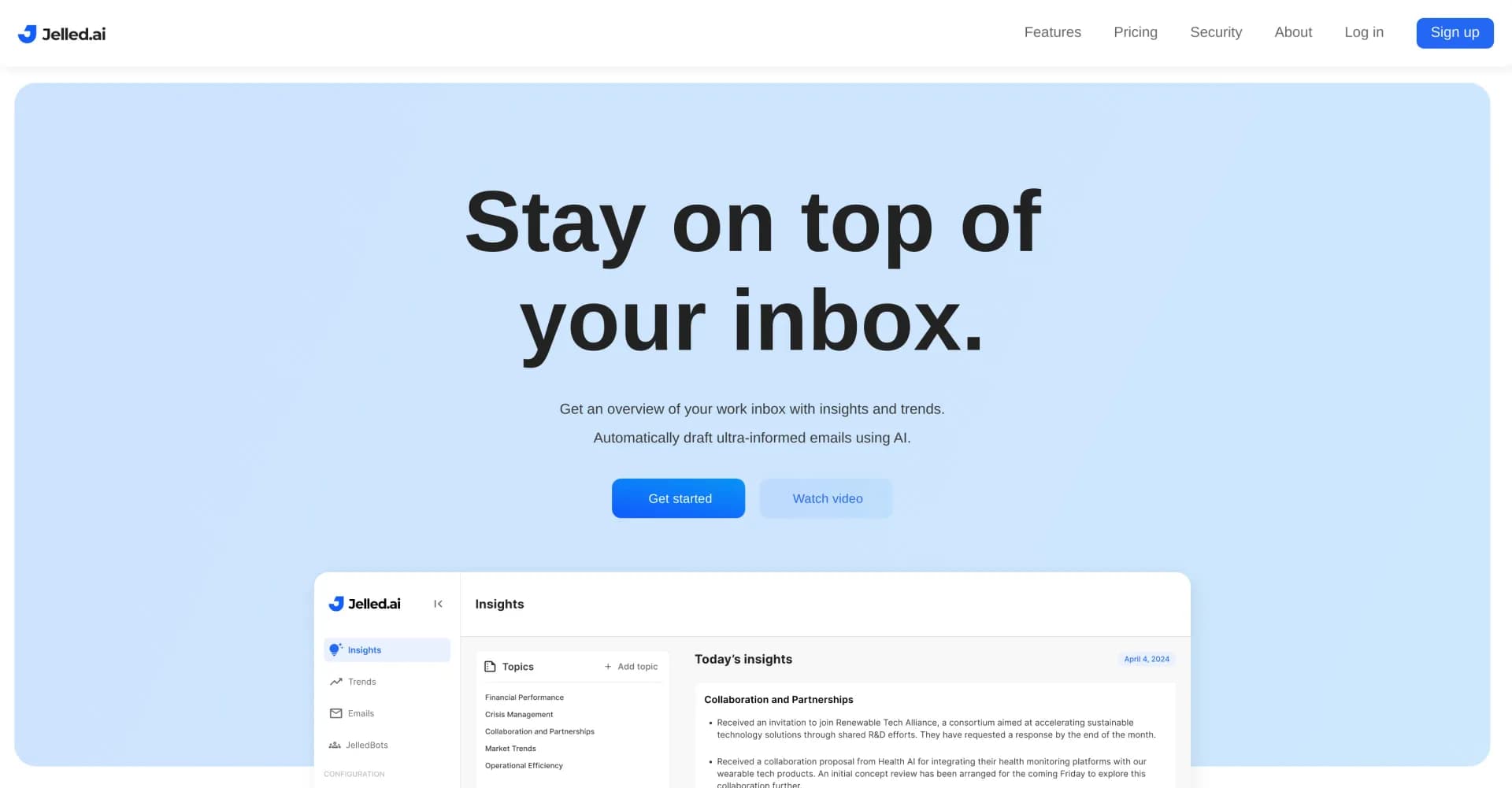 Jelled homepage screenshot — Transform workplace communication using AI.