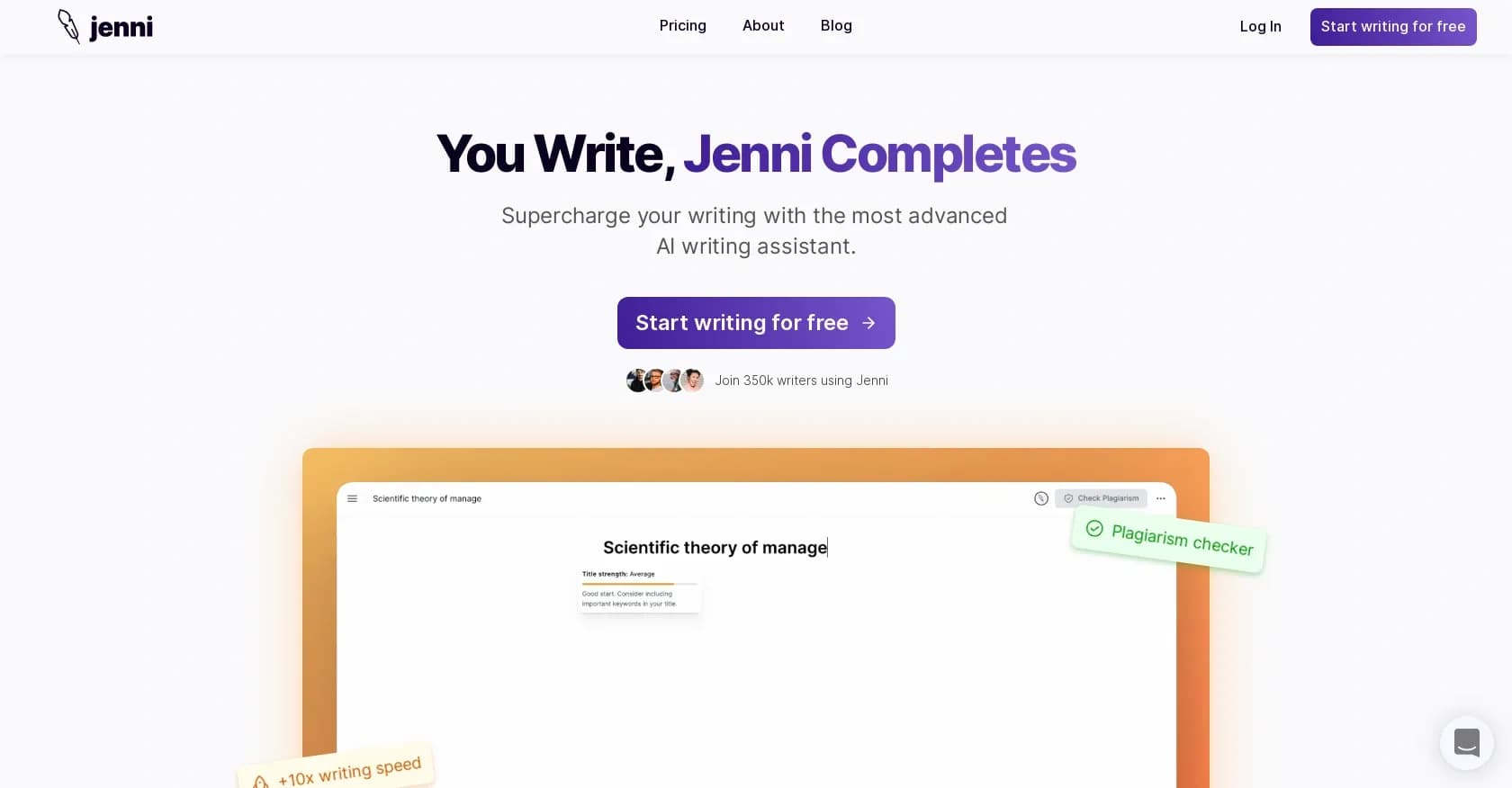 Jenni homepage screenshot — Advanced writing assistance.