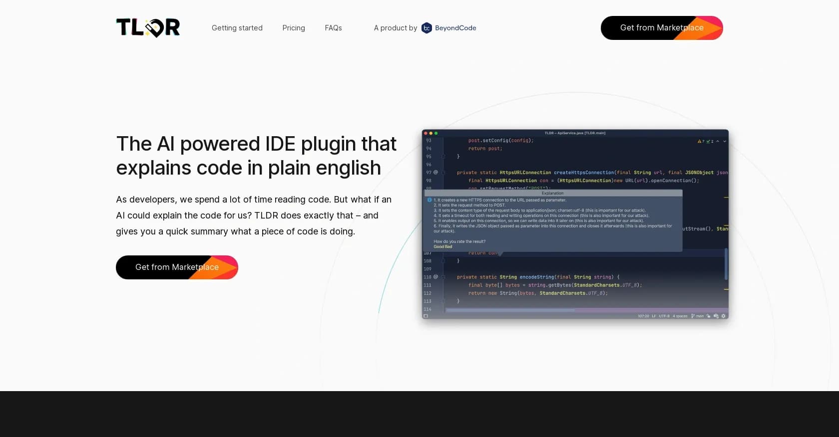Jetbrains IDE Plugin homepage screenshot — Explain code in plain English with AI