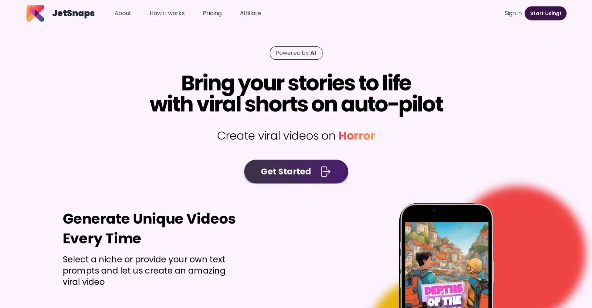 JetSnaps homepage screenshot — Automate viral shorts for social media with AI
