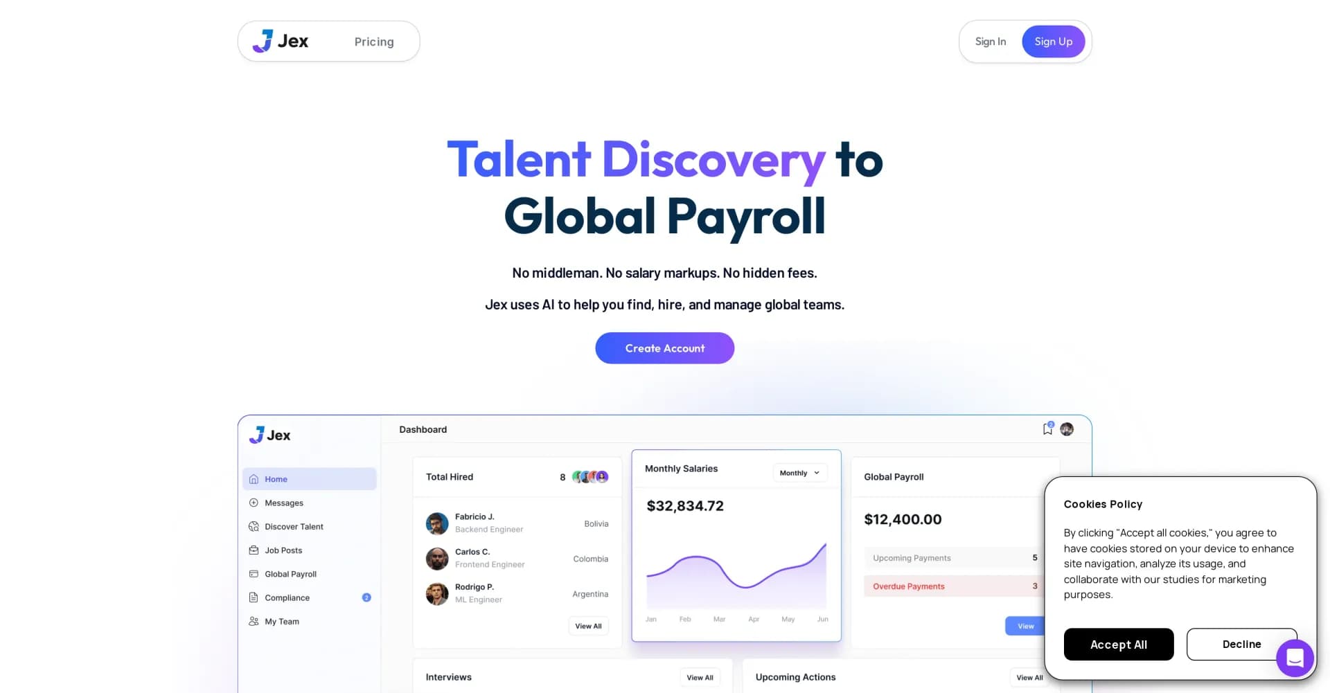 Jex homepage screenshot — AI-powered global talent hiring and management.