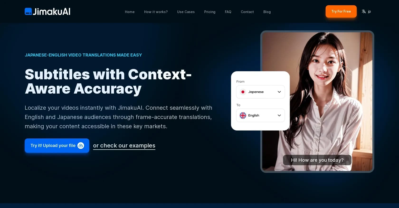 Jimaku homepage screenshot — AI-powered Japanese-English subtitle translation.