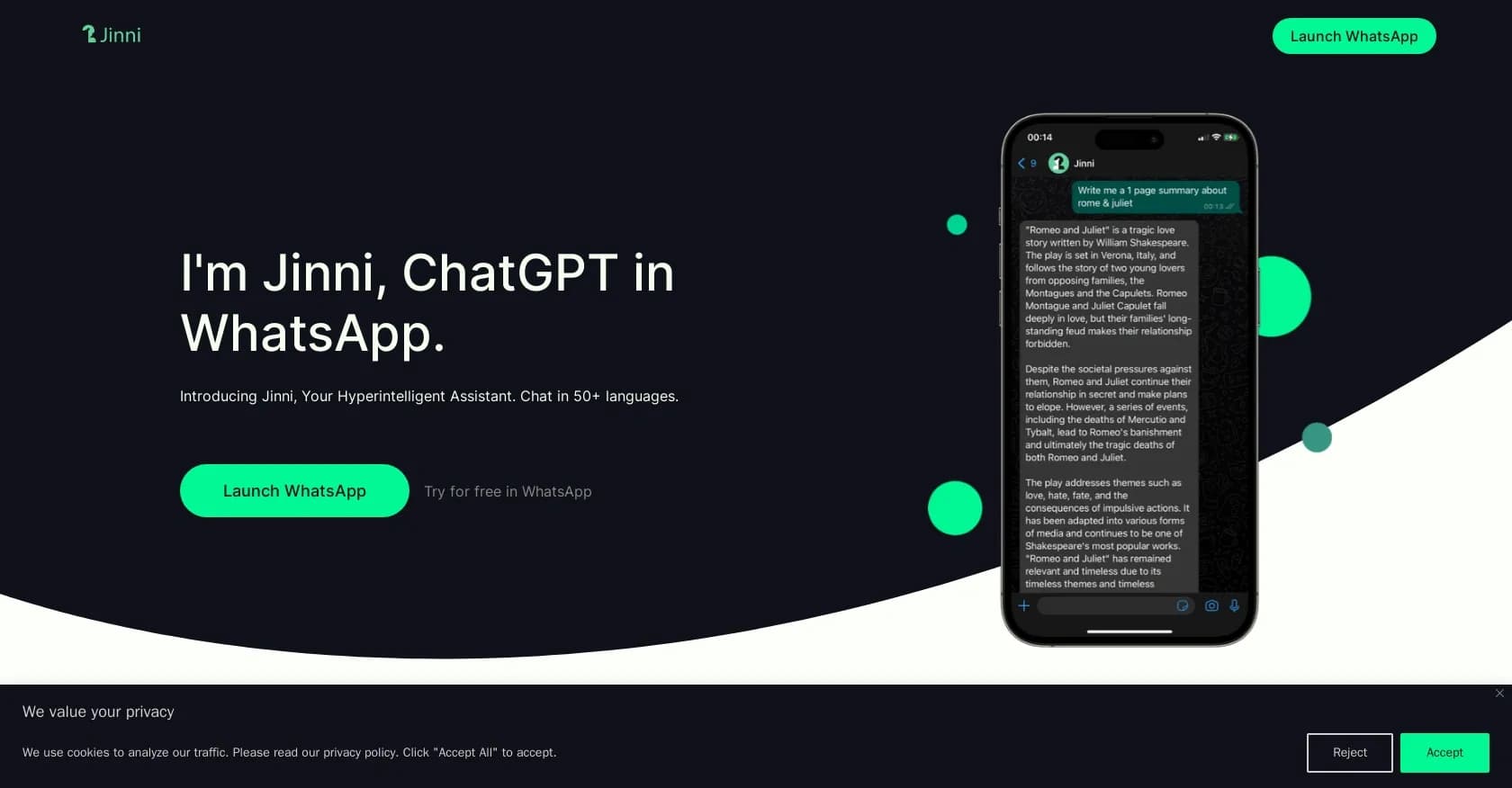 Jinni homepage screenshot — AI-powered personal assistant for WhatsApp