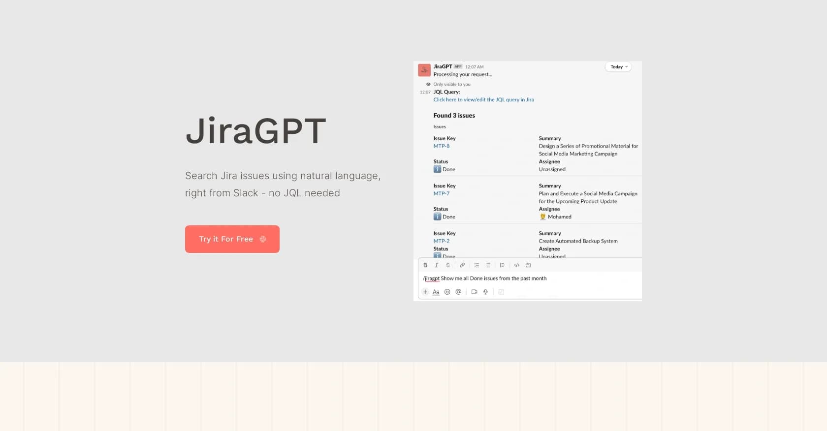 JiraGPT homepage screenshot — Search Jira issues in Slack using natural language.