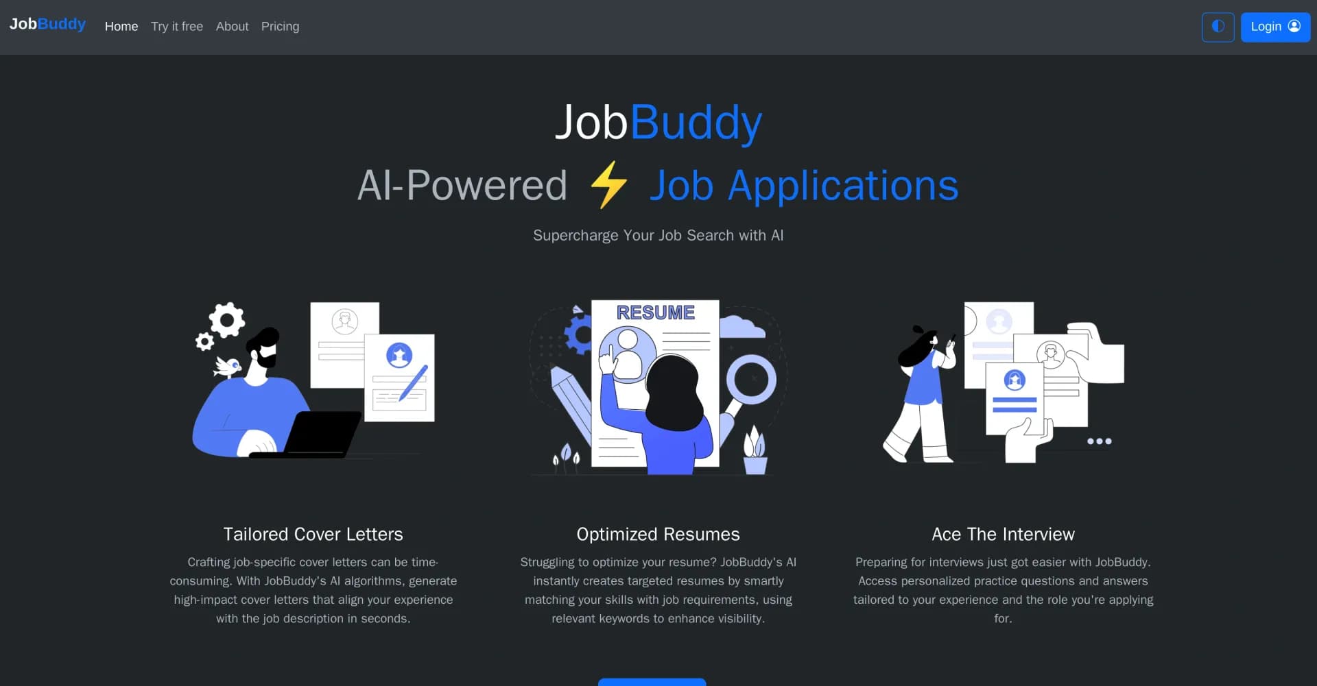 JobBuddy homepage screenshot — Supercharge your job search with AI.