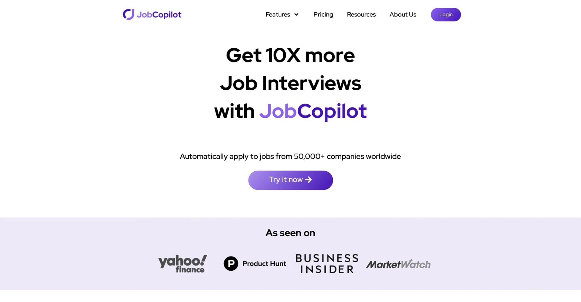 JobCopilot homepage screenshot — Automate job applications for 10X more interviews.