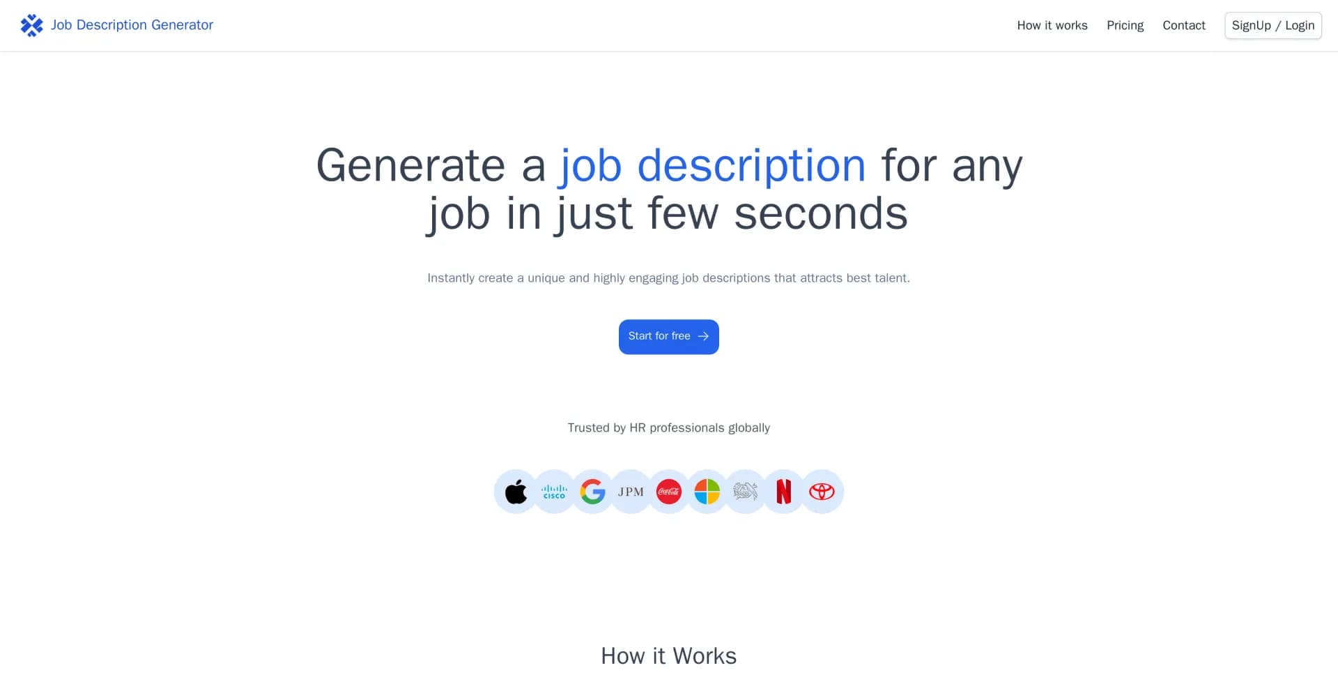 JobDescriptionGenerator homepage screenshot — Instantly generate engaging job descriptions that attract to