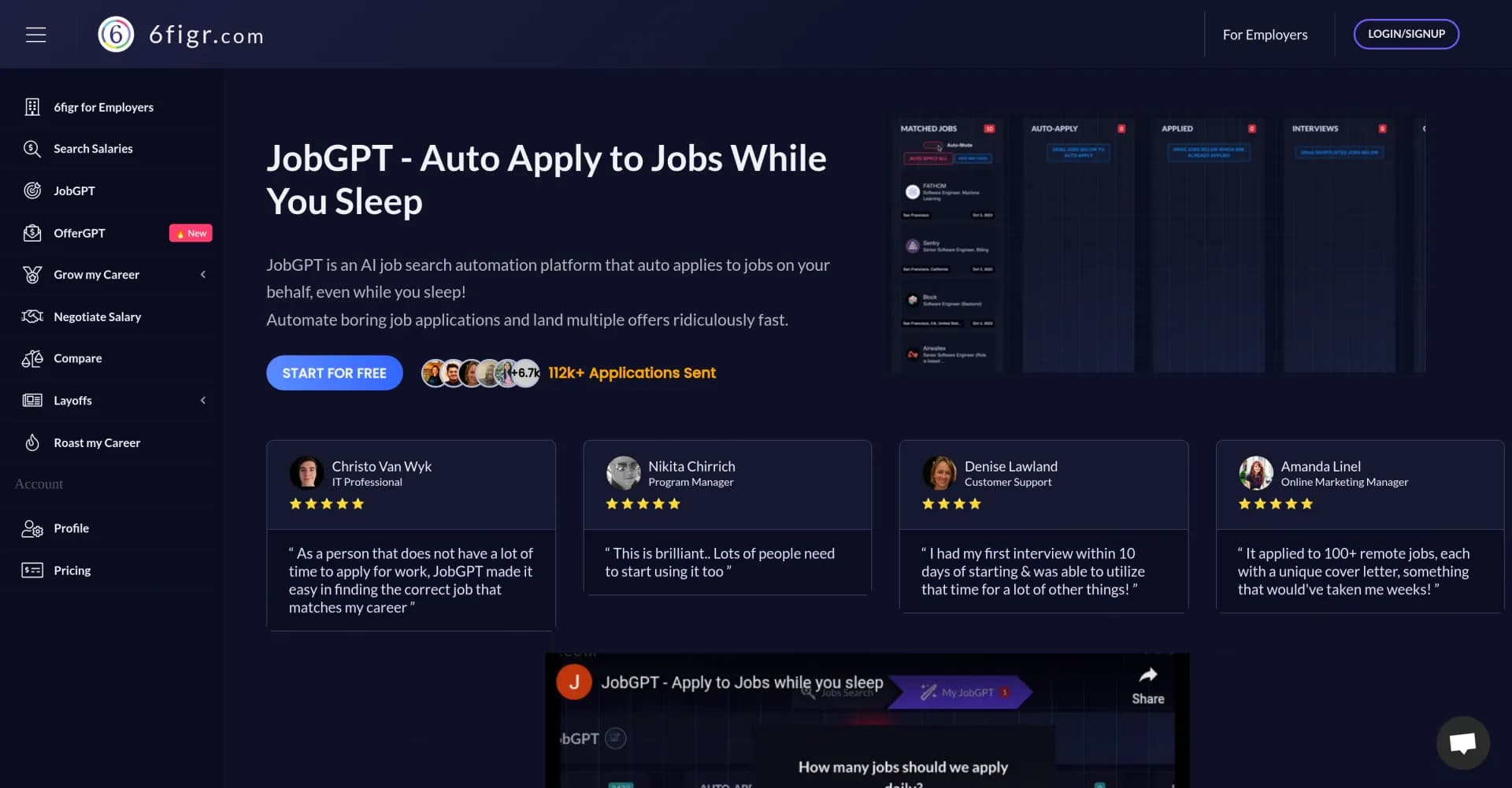 JobGPT homepage screenshot — Apply to jobs automatically with AI - land interviews while 