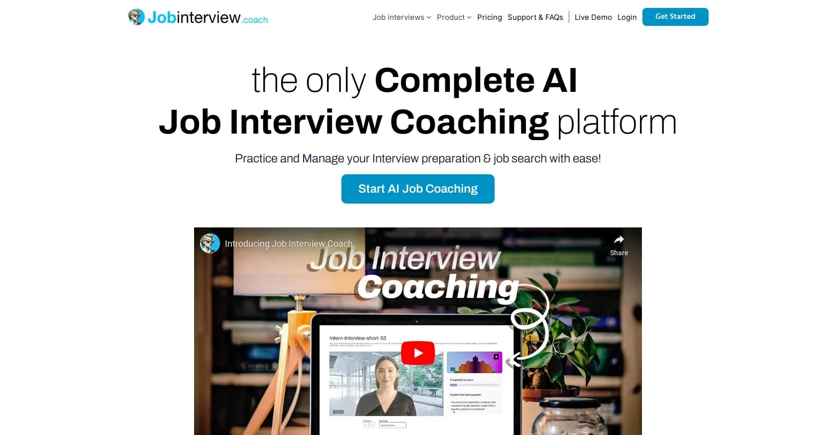 Jobinterview.coach homepage screenshot — Ace your job interviews with AI coaching.