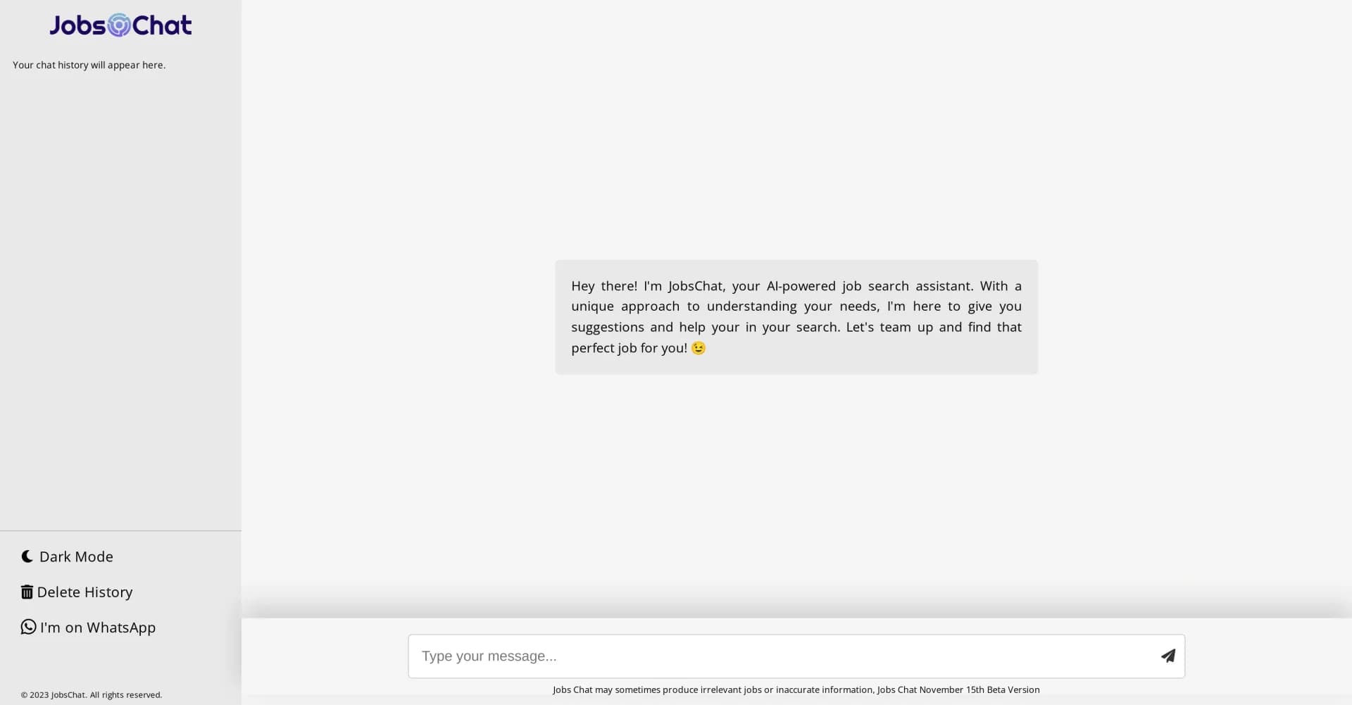 Jobs Chat homepage screenshot — AI-powered job search assistant for US and Canada