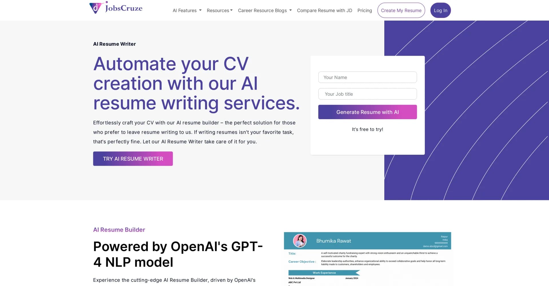 Jobscruze AI Resume Writer homepage screenshot — Create unique, ATS-friendly resumes in minutes with AI.