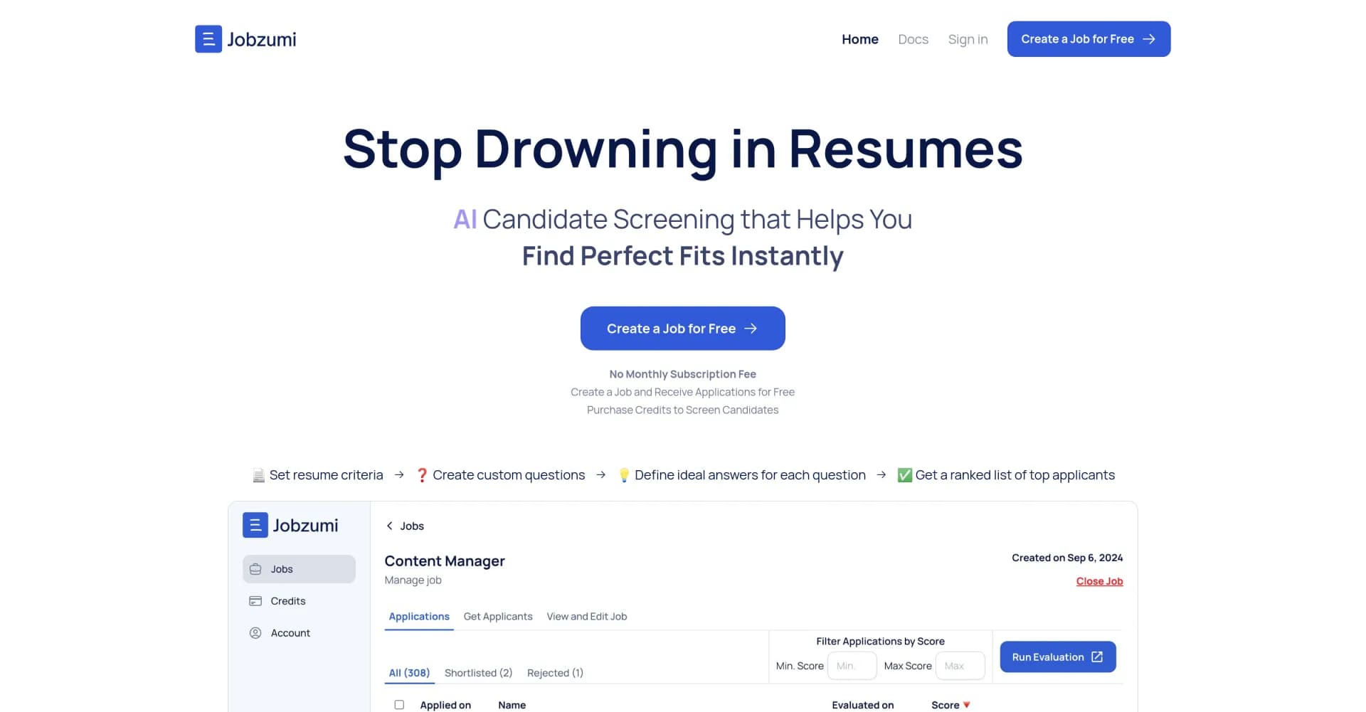 Jobzumi homepage screenshot — AI-powered recruiting: Screen applicants instantly.