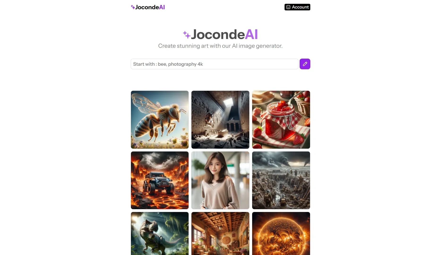 JocondeAI homepage screenshot — Create stunning art with our AI image generator.