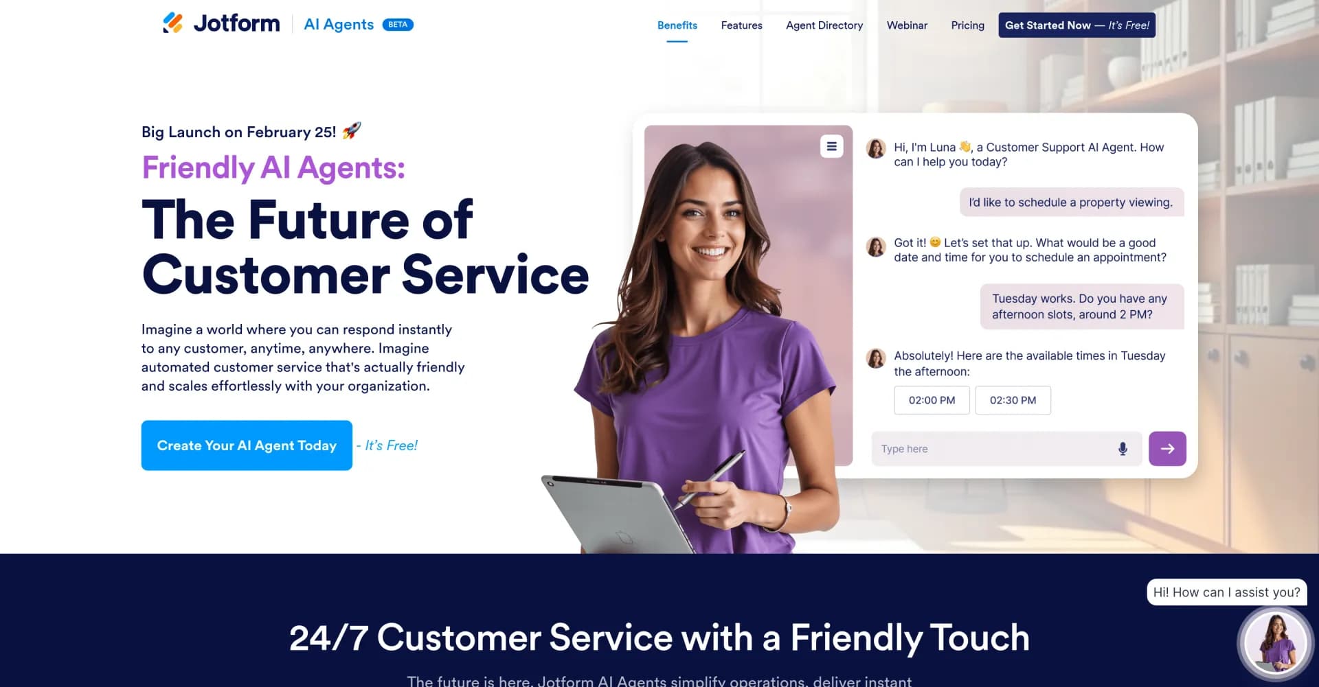 Jotform AI Agents homepage screenshot — Friendly AI agents for instant, scalable customer service.