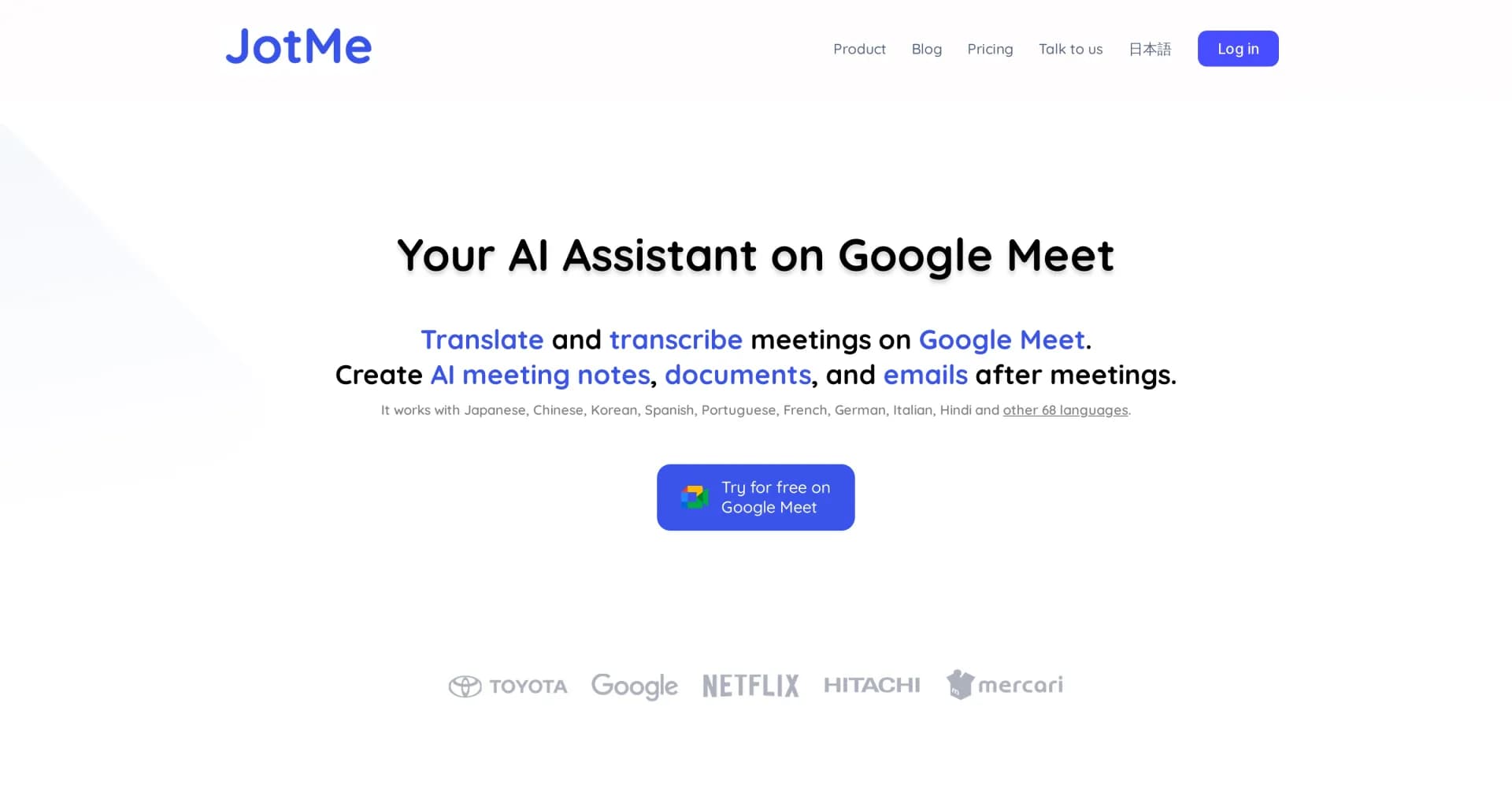 JotMe homepage screenshot — AI-powered meeting translator and note generator for Google 