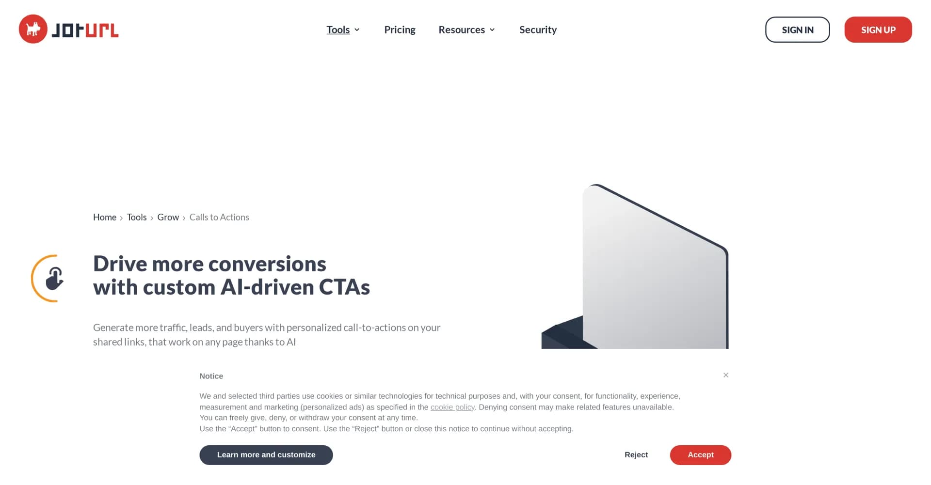 JotUrl Call To Action homepage screenshot — Boost conversions with personalized CTAs on shared links.