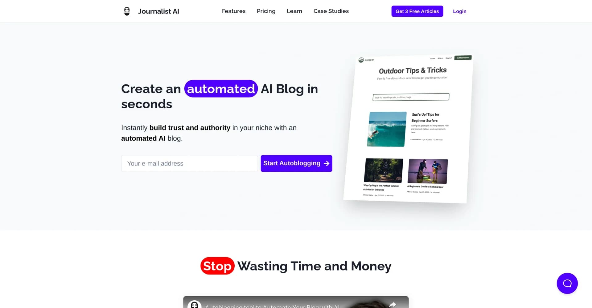 Journalist AI homepage screenshot — Create an automated AI blog in seconds