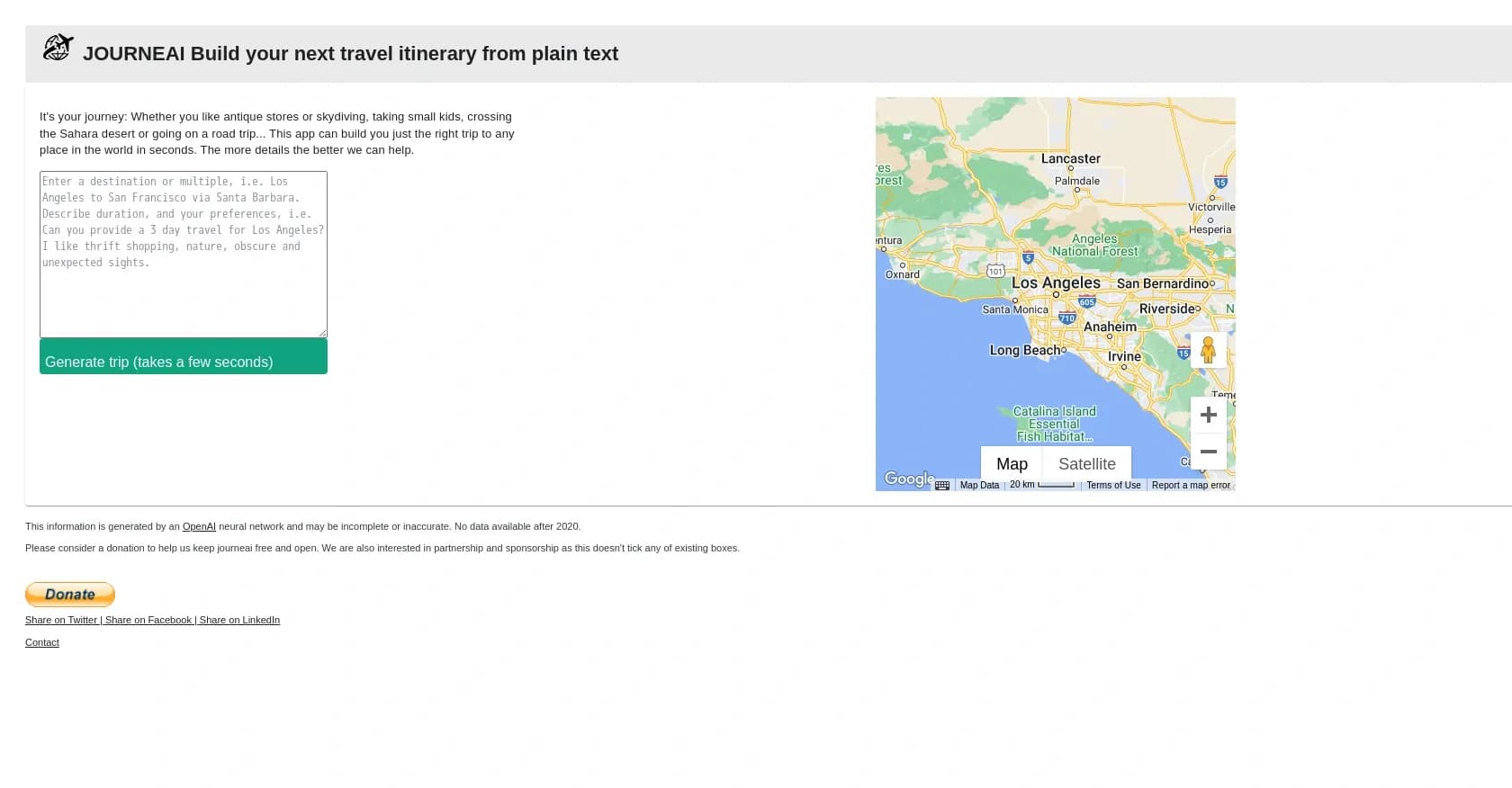 Journeai homepage screenshot — Build personalized travel itineraries instantly from plain t