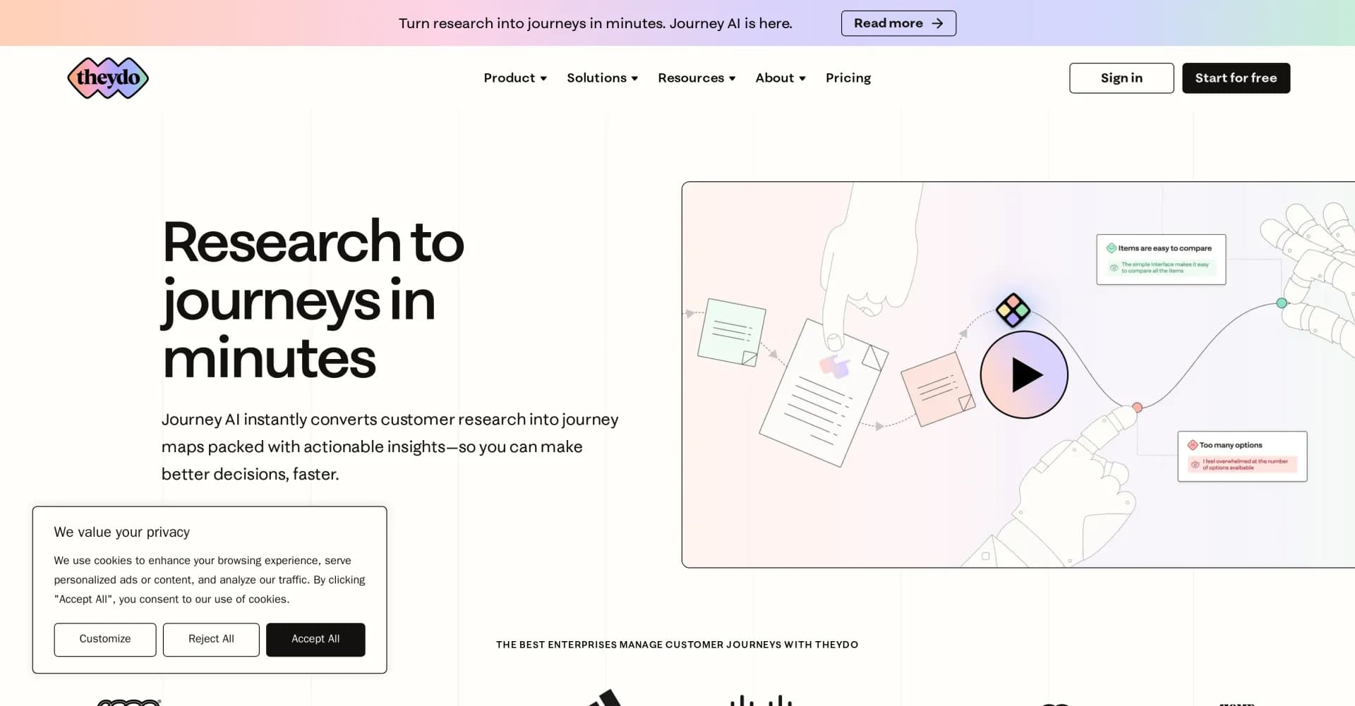 Journey AI by TheyDo homepage screenshot — Convert customer research into journey maps instantly.