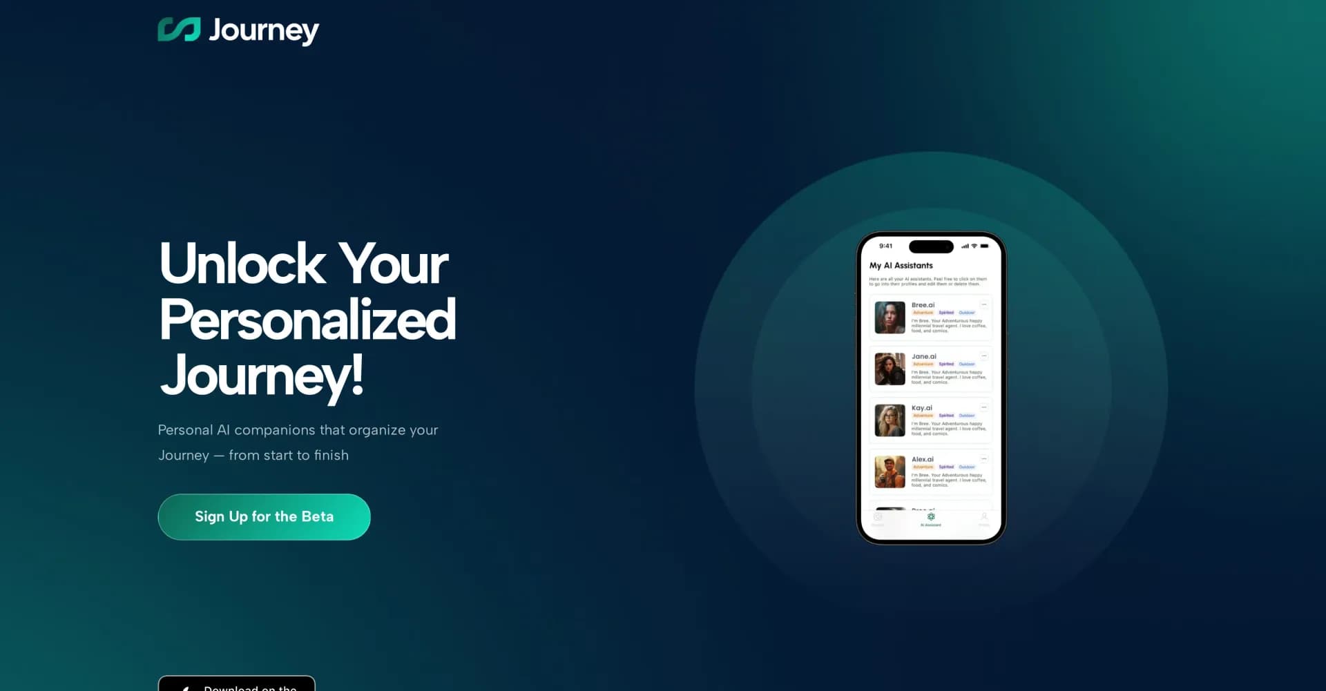 Journey AI homepage screenshot — Create AI travel companions for personalized journeys.
