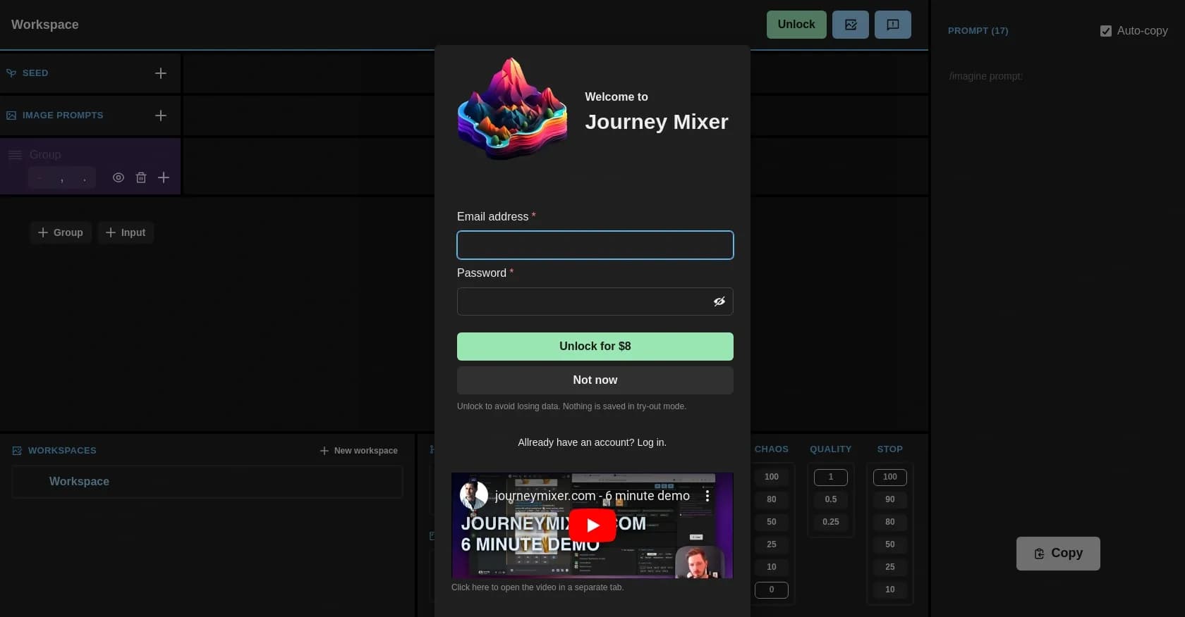 Journey Mixer homepage screenshot — Compose and remix prompts for Midjourney effortlessly