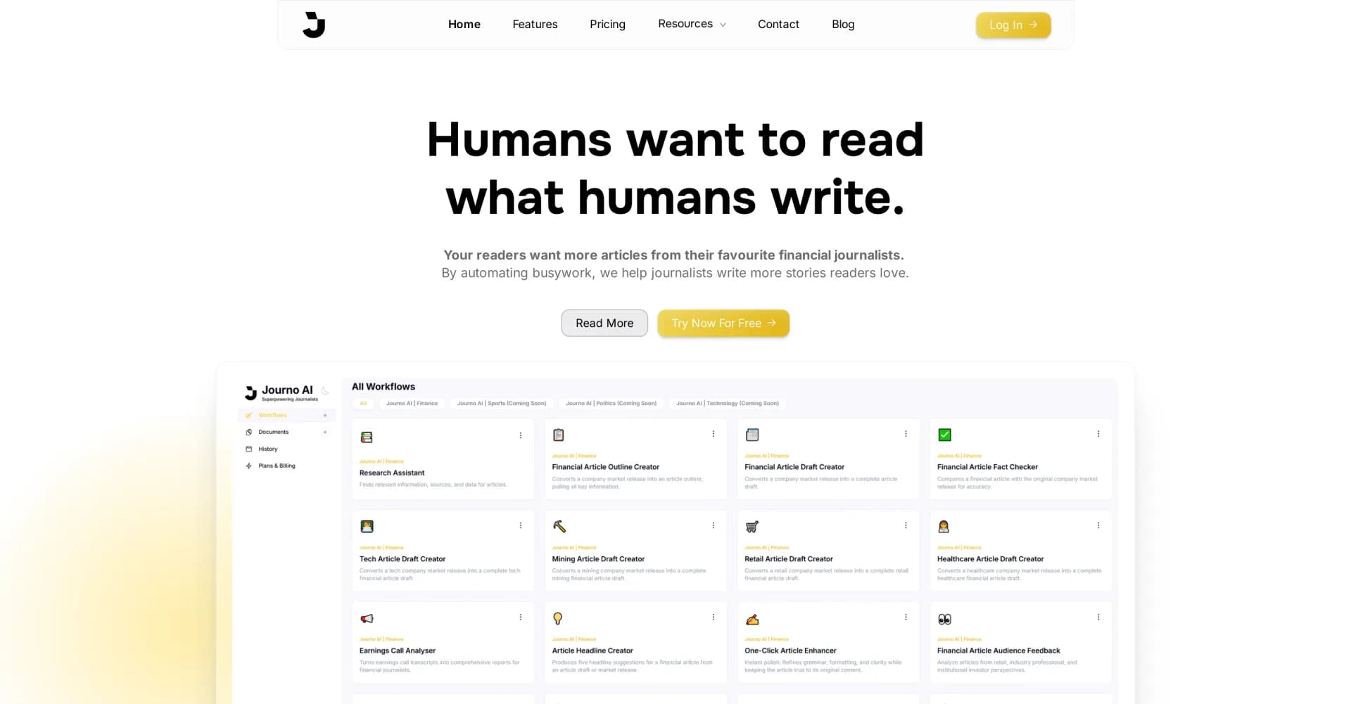 Journo AI homepage screenshot — Empower financial journalists with AI-driven automation