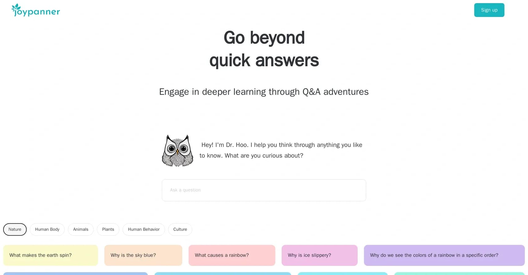 Joypanner homepage screenshot — AI guide for deeper learning through Socratic questions