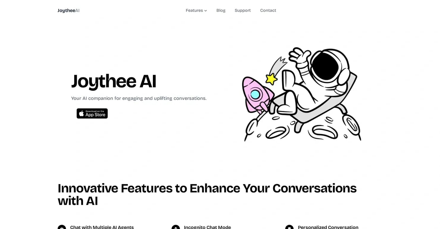 Joythee AI homepage screenshot — AI companion for uplifting conversations