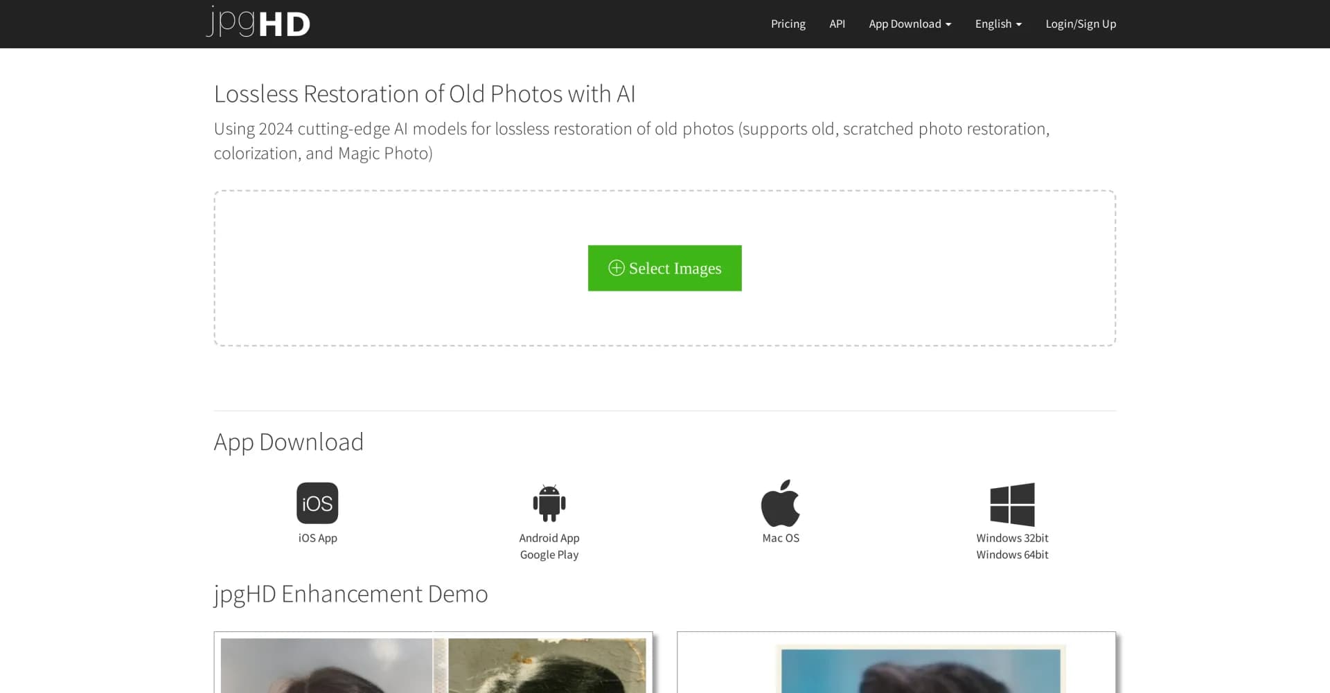 jpgHD homepage screenshot — Revive old photos with cutting-edge AI restoration.