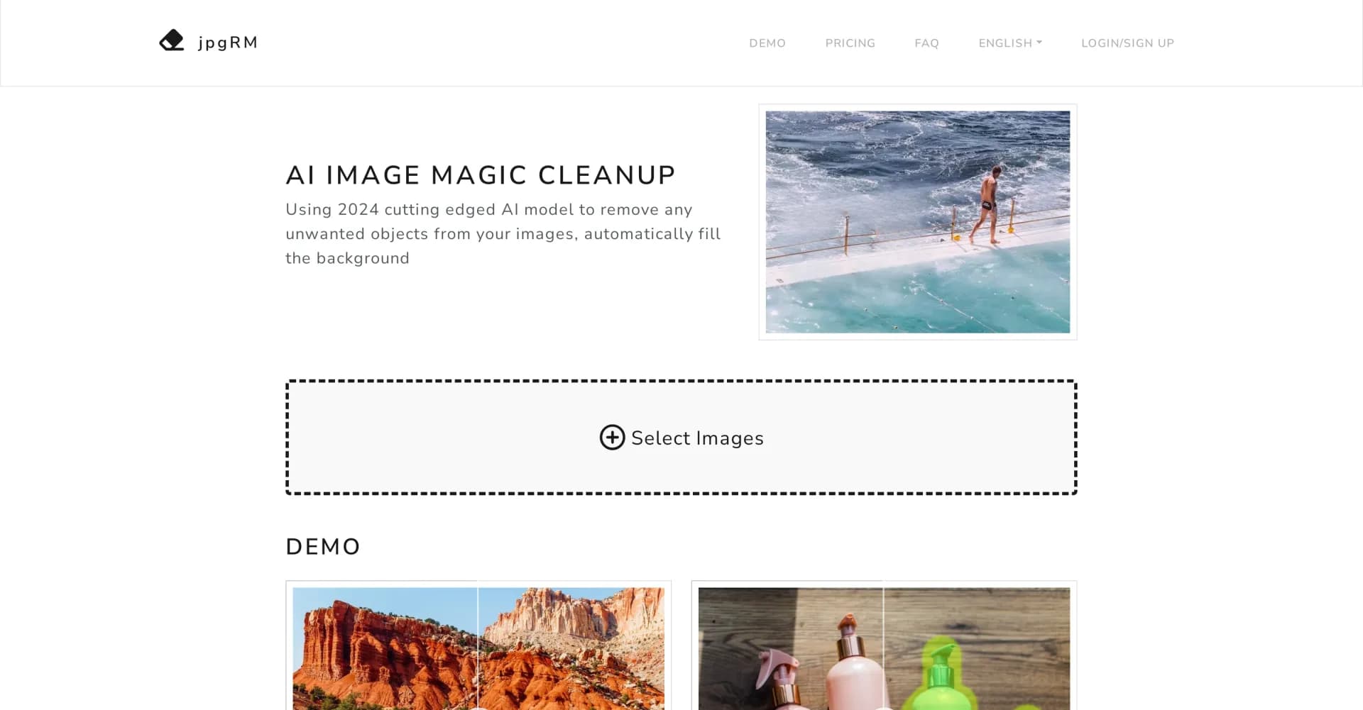 jpgRM homepage screenshot — Remove unwanted objects from images with AI.