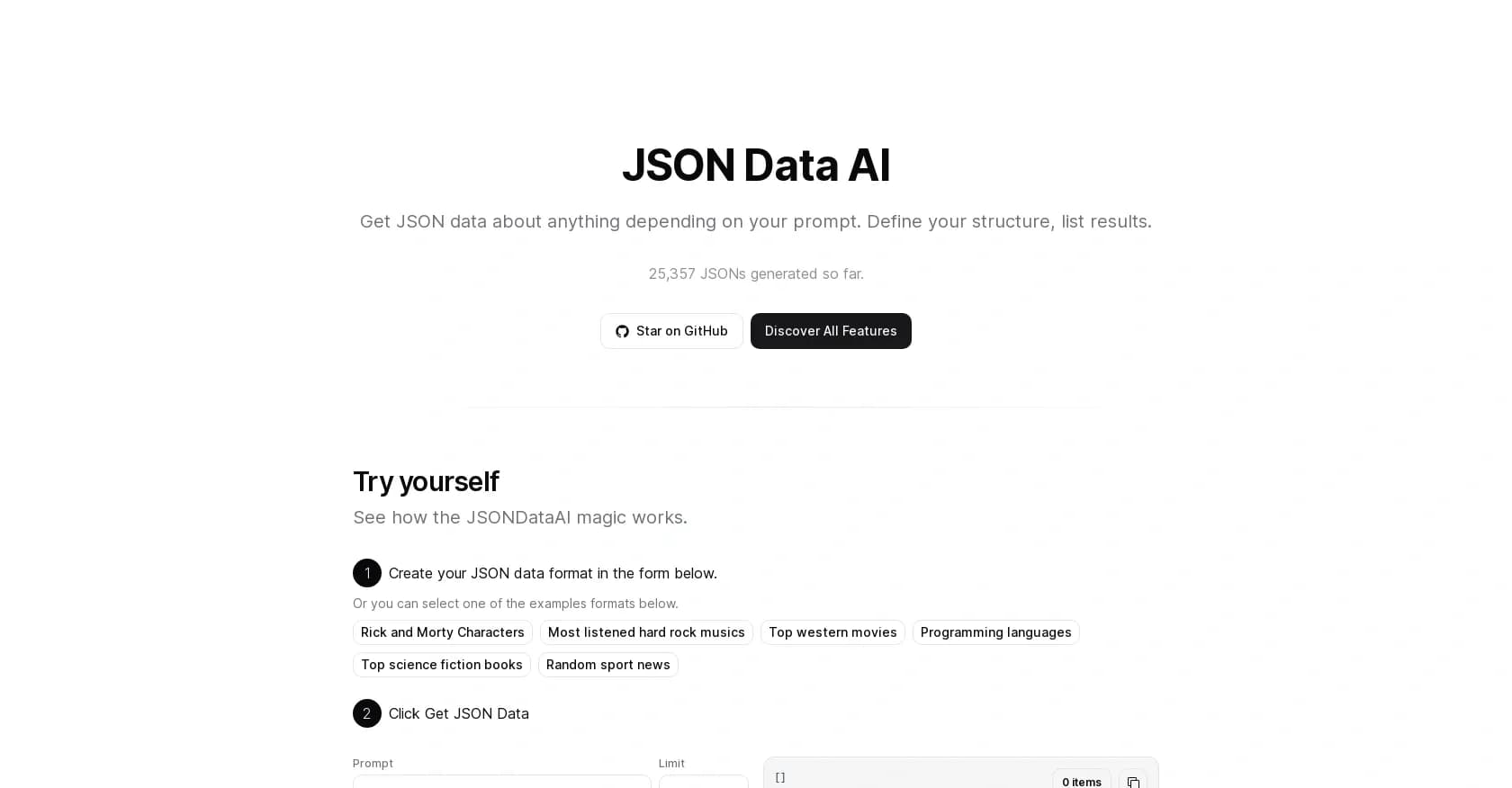 JSON Data homepage screenshot — Get JSON data about anything from your prompt.