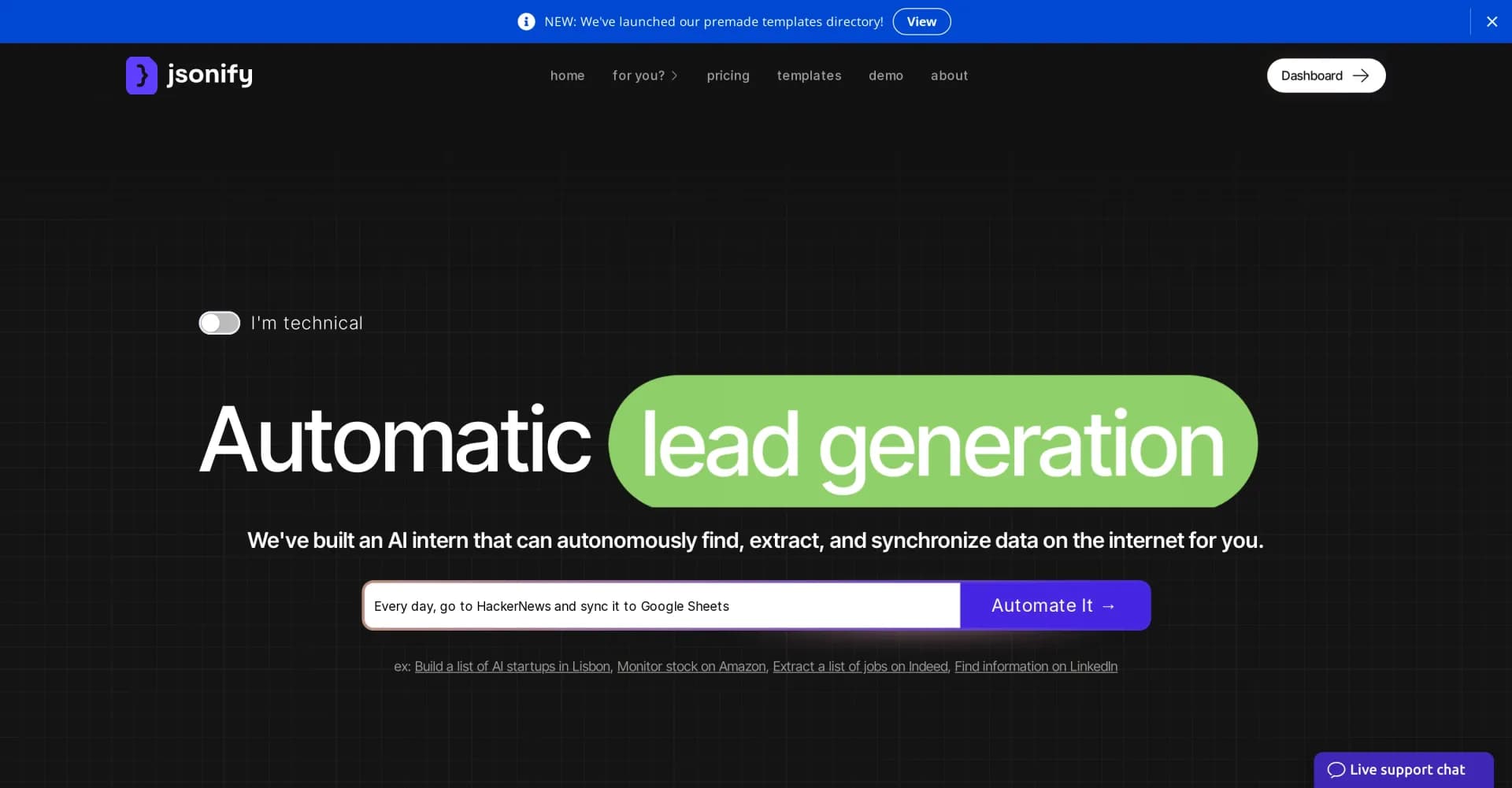 Jsonify homepage screenshot — AI intern that finds and syncs data across the internet