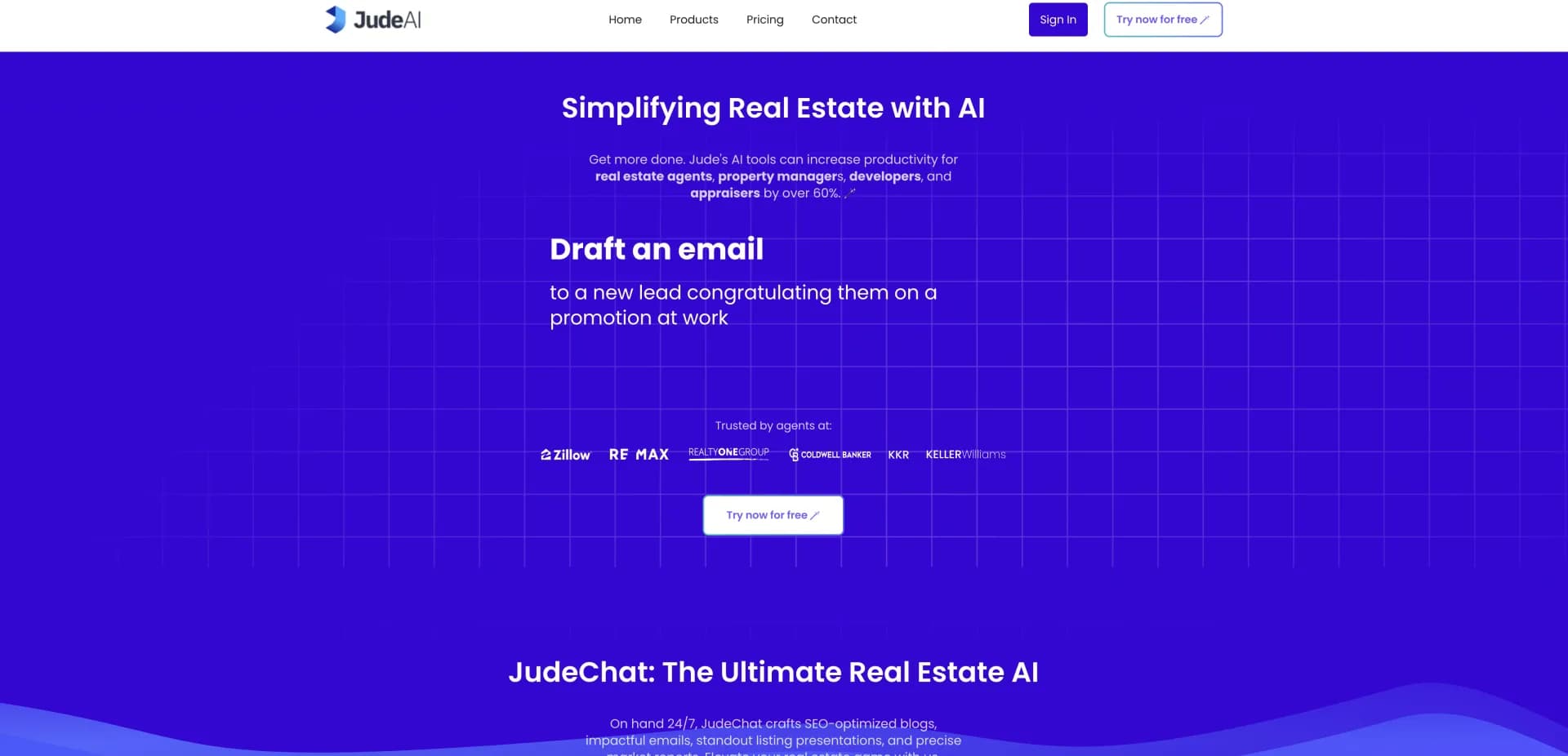 JudeAI homepage screenshot — AI assistant for real estate pros