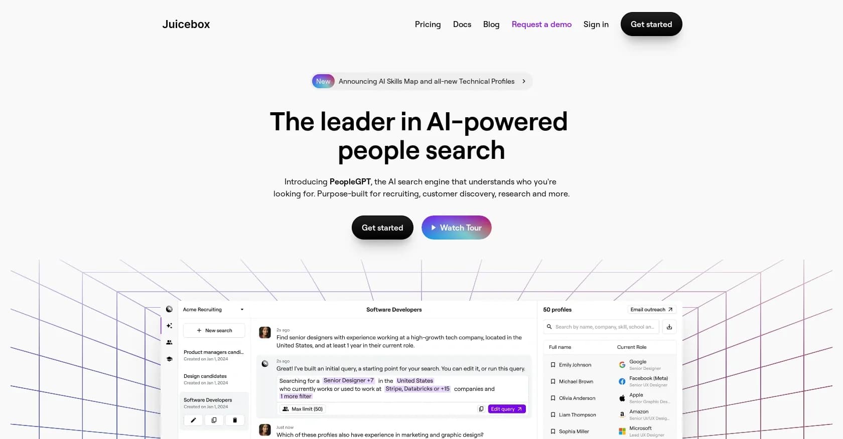 Juicebox AI homepage screenshot — Find qualified talent using natural language search